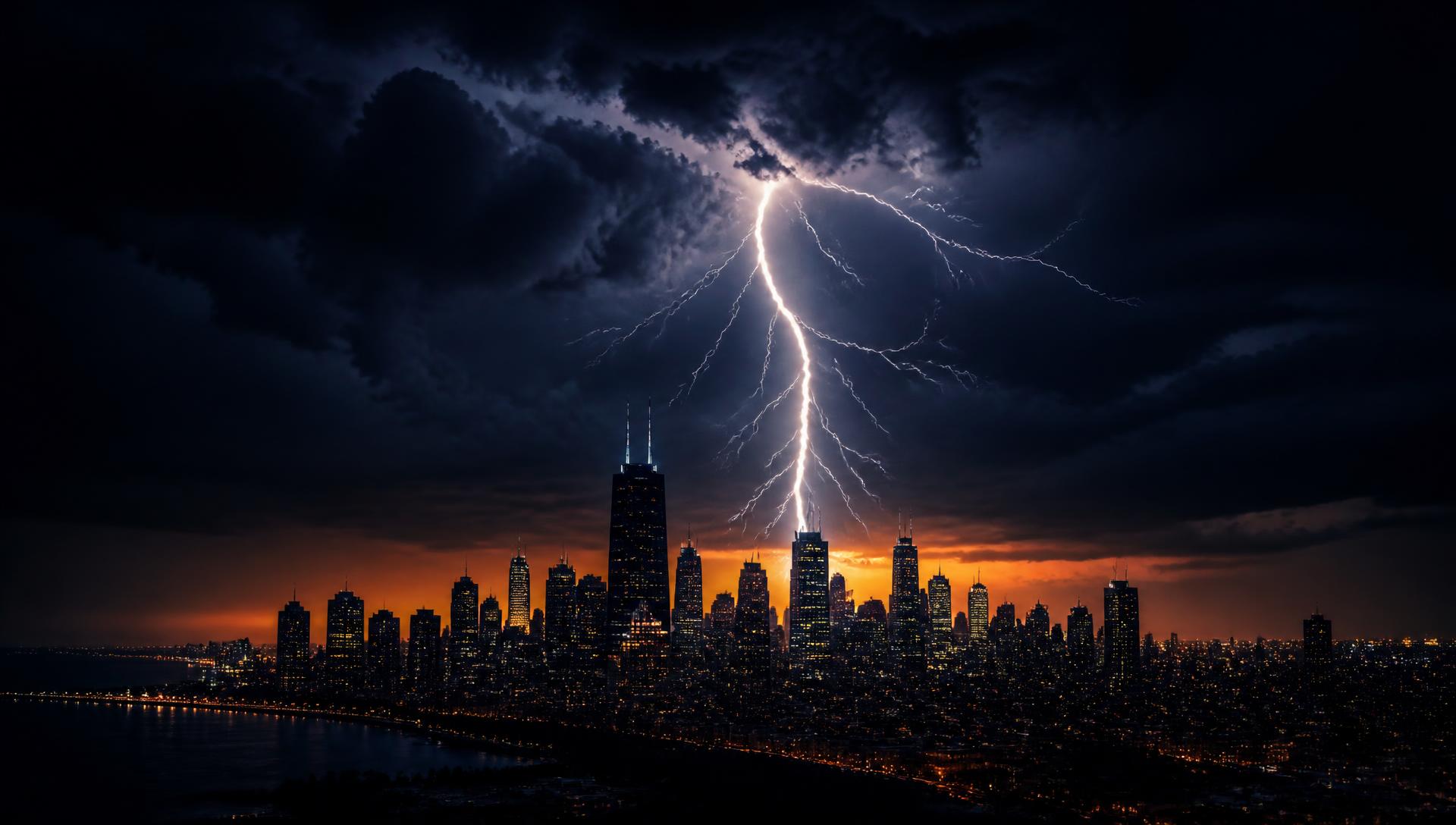 Raio atingindo o céu noturno sobre uma cidade durante tempestade